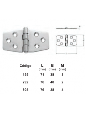 Dobradiça 6 furos INOX 76x40x2mm